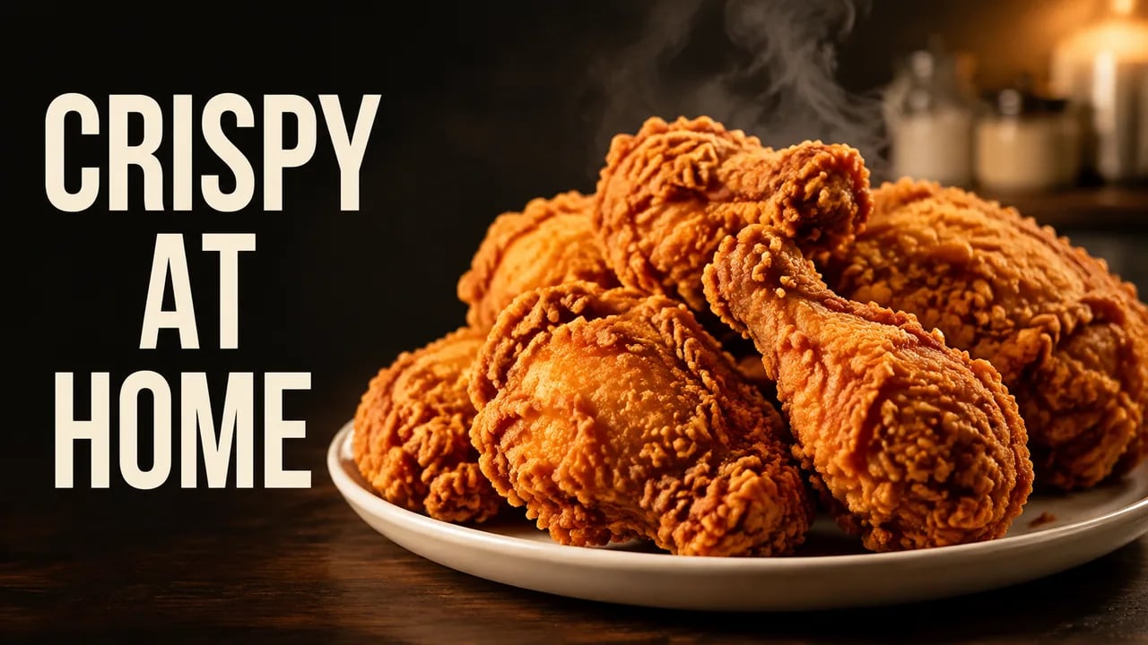 Golden fried chicken on a white plate with the headline CRISPY AT HOME.
