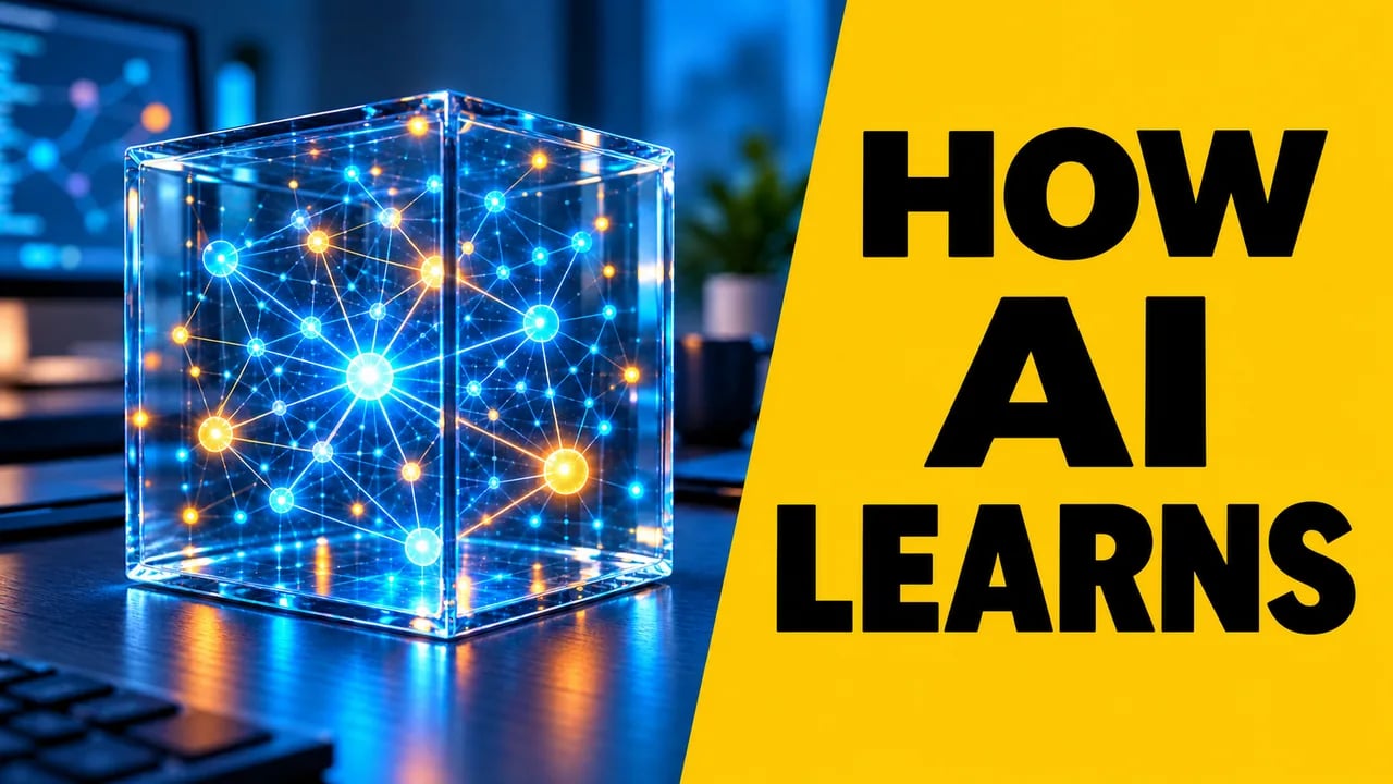 AI-created thumbnail with a glowing glass computing cube and the headline HOW AI LEARNS on a yellow panel.
