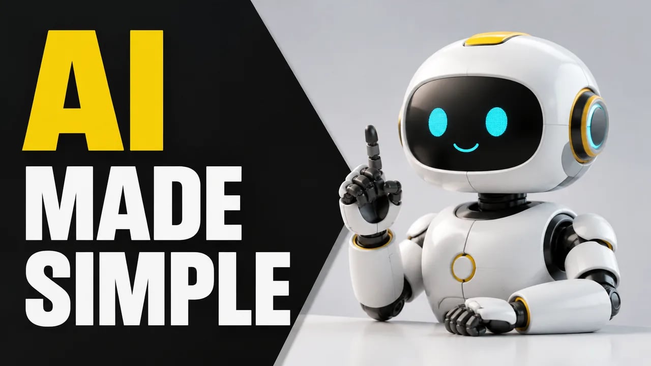 White and yellow robot beside the bold words AI MADE SIMPLE on a black background.