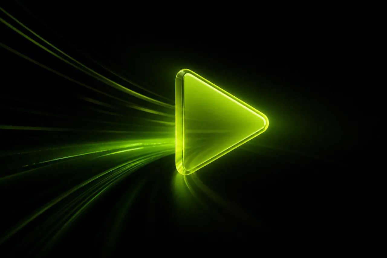 A glowing green play button with motion light streaks