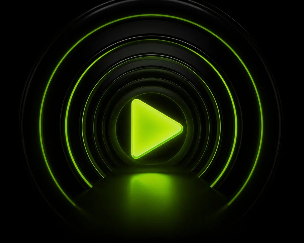 A play button ringed by concentric green motion waves