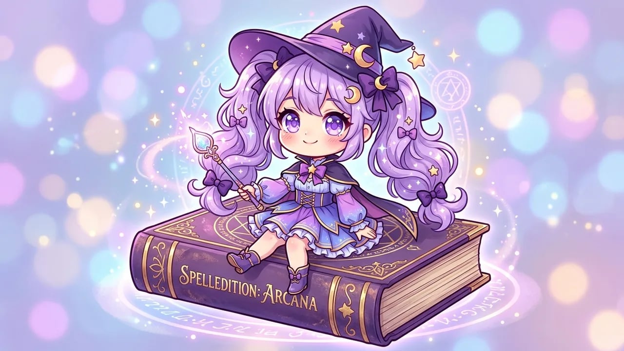 Cute chibi anime magical girl sitting on spellbook preview