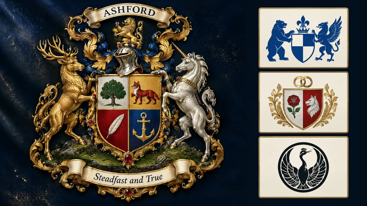 AI family crest generator example: ornate Ashford coat of arms with stag and unicorn supporters, plus modern, wedding and Japanese kamon crest styles