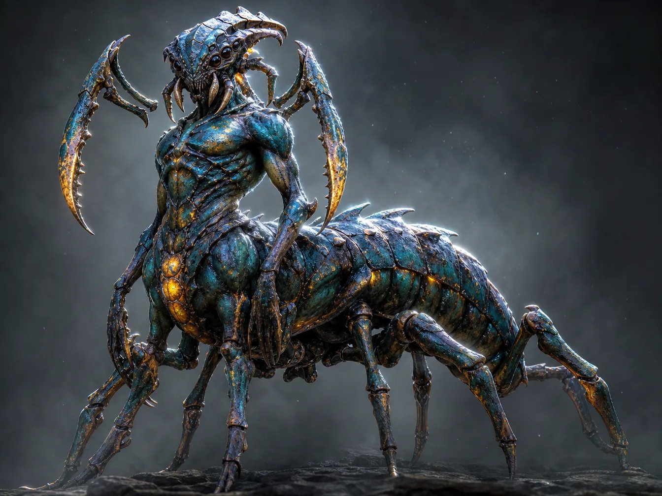 AI generated exotic alien-insectoid centaur chimera with distressed chitinous exoskeleton, articulated pedipalps, and white rim light