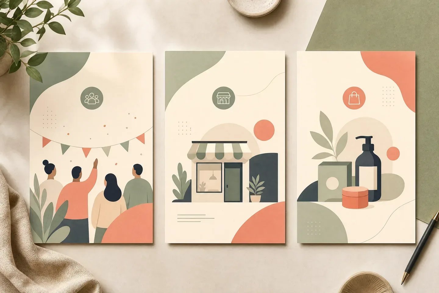 Three clean flyer drafts for a community event, a small business promotion, and a product sale.