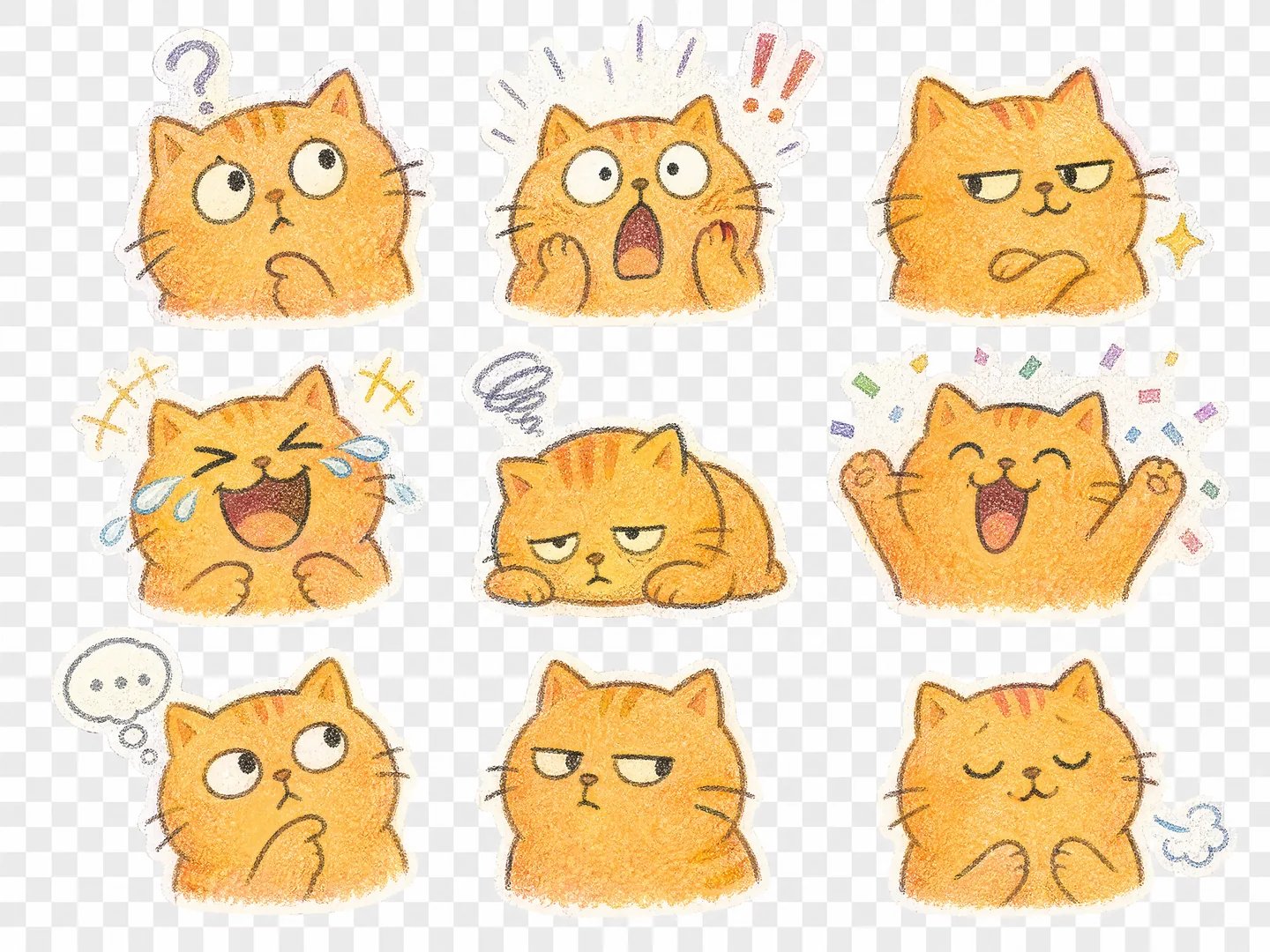 Nine soft crayon reaction stickers of one fictional cat character for meme-style replies.