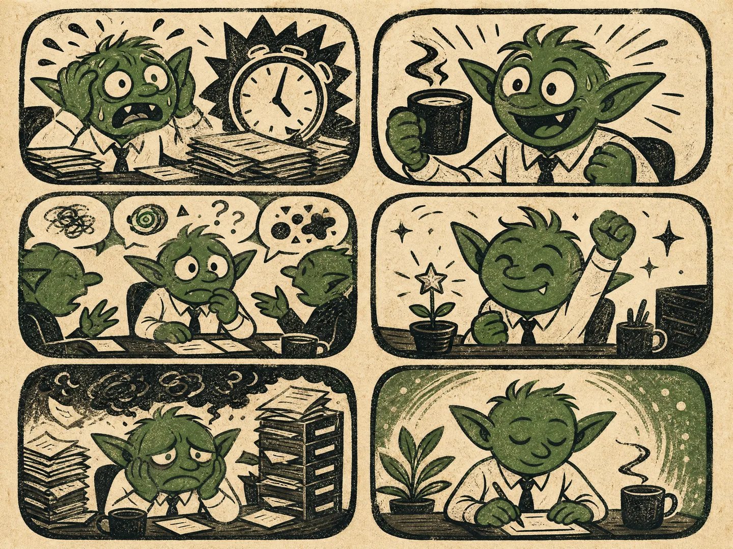 Woodcut-style fictional office goblin reaction panels for meme prompt inspiration.