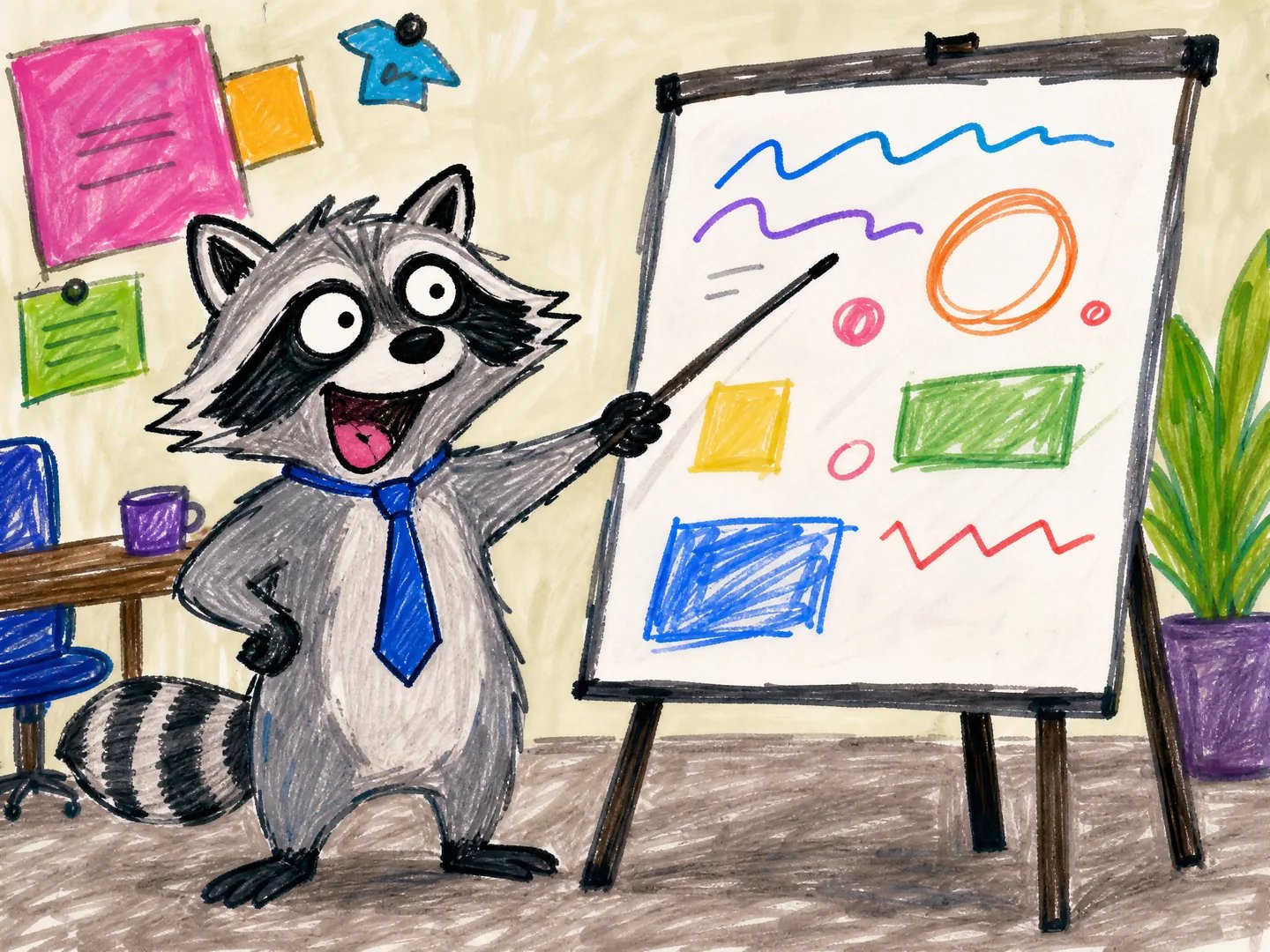 Ugly doodle raccoon meme-style draft with abstract non-readable chart marks.