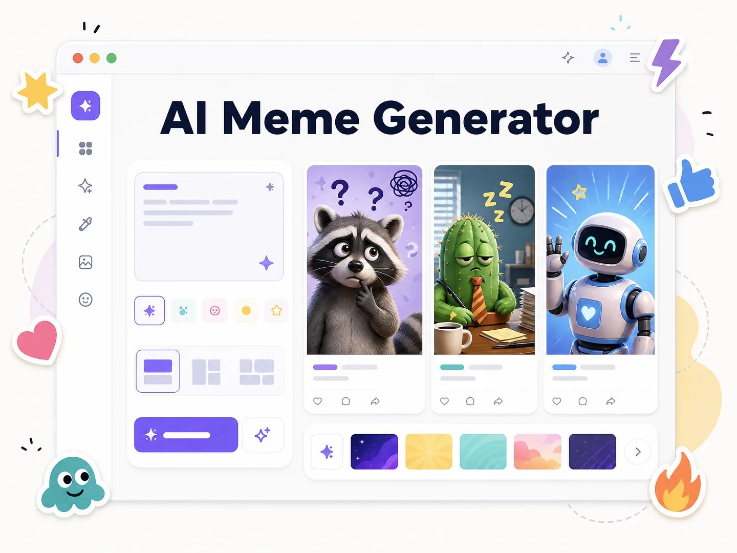 AI meme generator dashboard showing a prompt and three original meme-style image drafts.