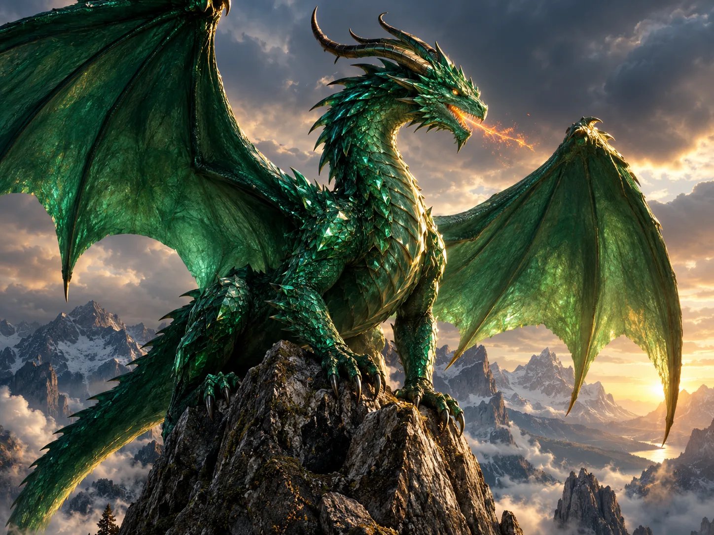 AI generated Western mythical dragon perched on a craggy mountain spire with crystalline emerald scales and massive wings