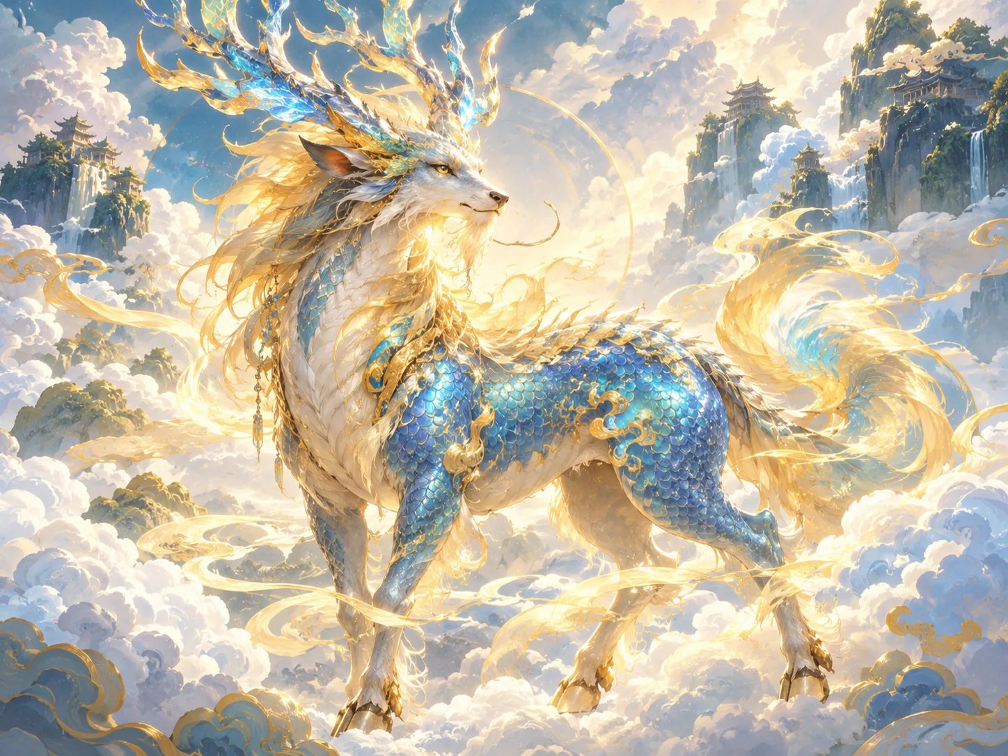 AI generated Eastern Qilin celestial beast with azure dragon scales, flowing golden mane and glowing mist
