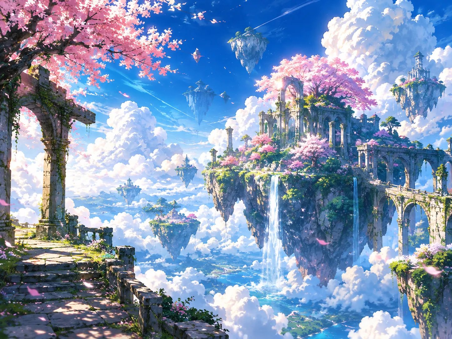 AI generated anime fantasy landscape with floating sky islands and glowing cherry blossom trees