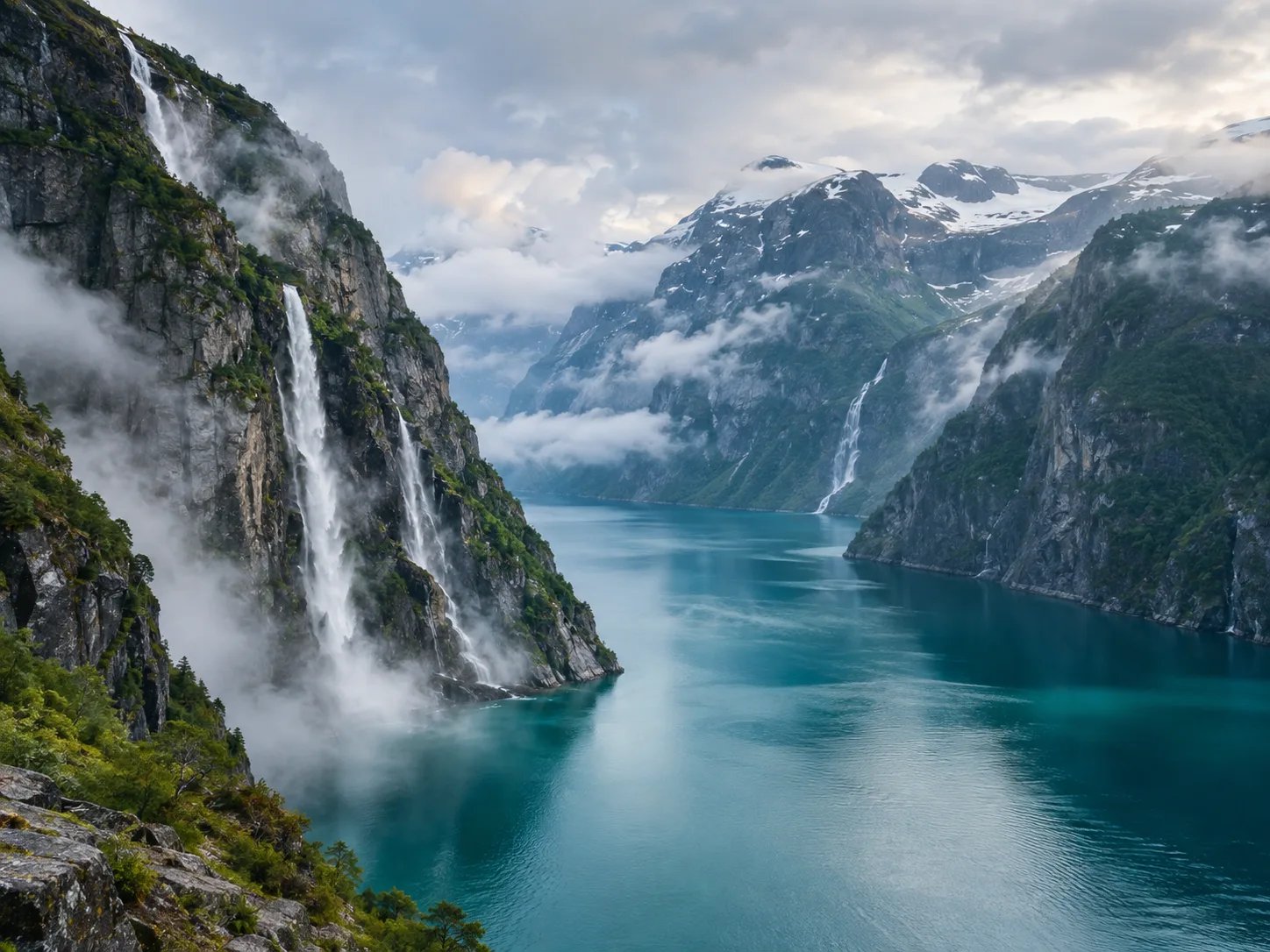 AI generated photorealistic Nordic fjord mountain landscape with cascading waterfalls and turquoise water