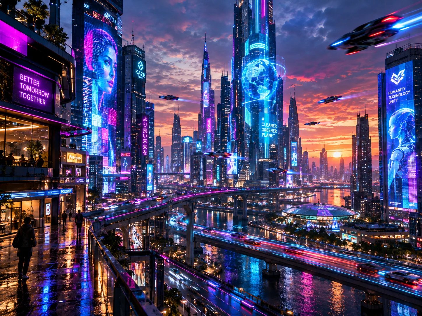 AI generated cyberpunk megacity skyline with neon illuminated skyscrapers and rainy highways
