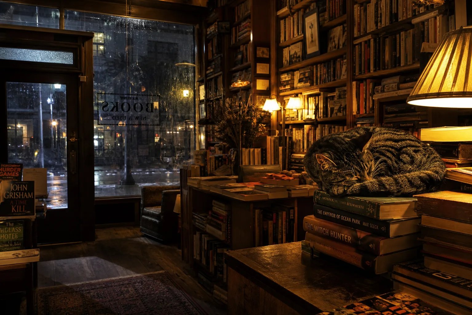 A cozy bookshop interior at dusk produced by the text to image generator from a specific prompt
