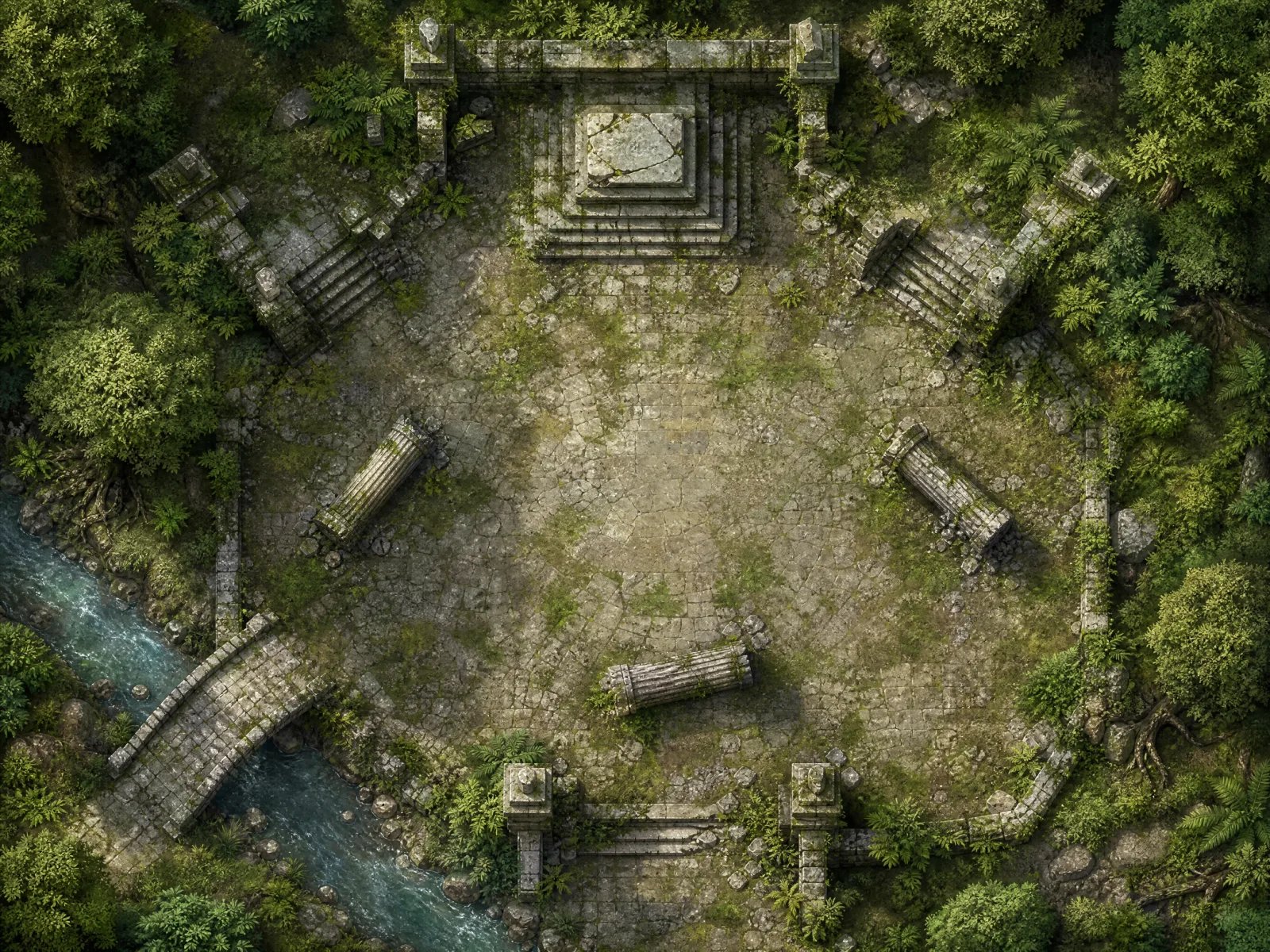 AI-generated top-down battle map of a ruined forest temple courtyard with fallen pillars, a stone altar, a stream and open floor space for tokens