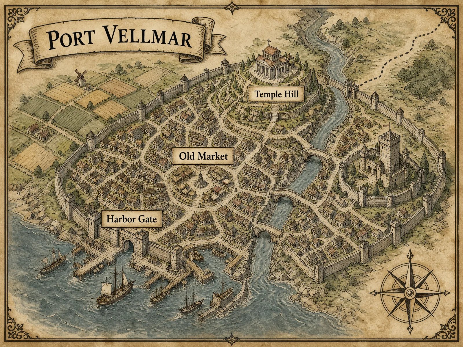 AI-generated hand-drawn isometric-style city map of the walled harbor city Port Vellmar with Old Market, Temple Hill and Harbor Gate labels