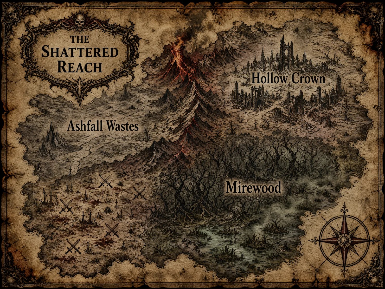 AI-generated dark fantasy continent map titled The Shattered Reach with a volcanic mountain chain, ruined capital, dead forest and swamp