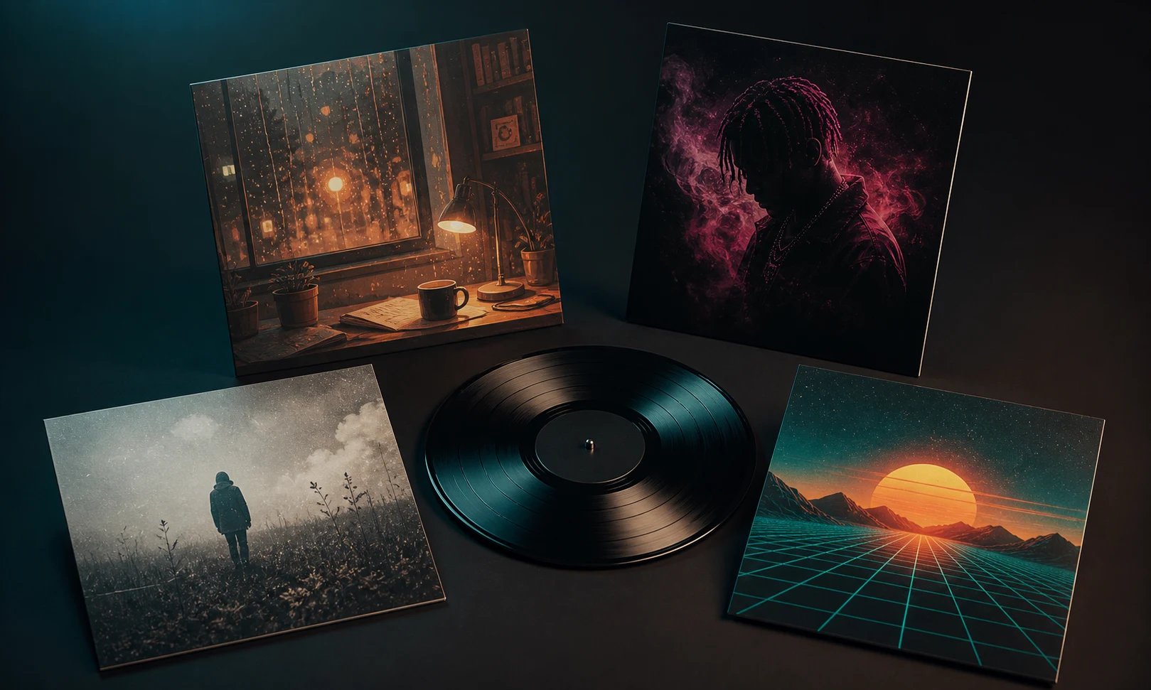 Four album covers in different genres arranged around a vinyl record