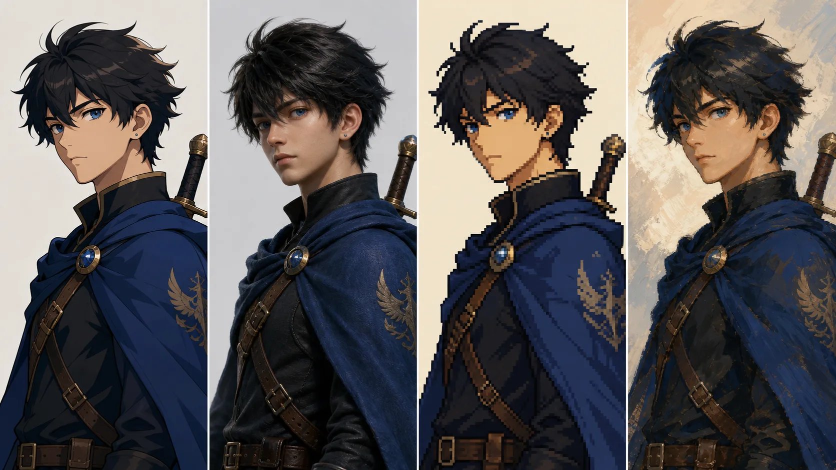 Four style variations of one avatar character, made with the AI avatar generator