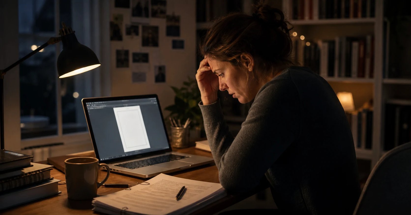 An indie author at a desk facing a blank book cover
