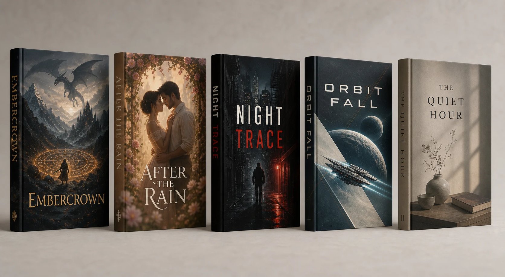 Several genre book covers standing in a row on a studio surface