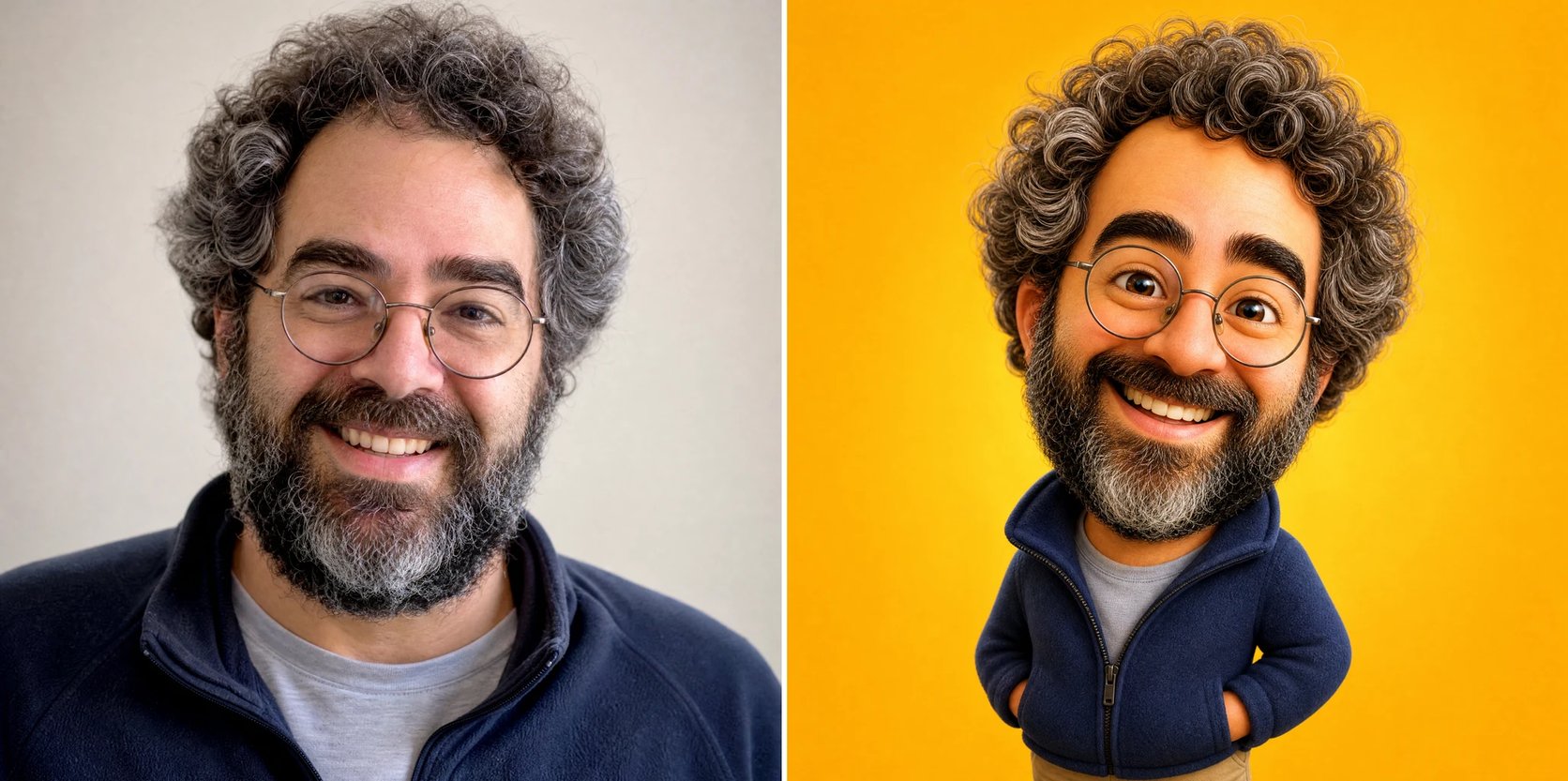 A photo of a bearded man in glasses beside his exaggerated 3D caricature — same face, bigger and funnier