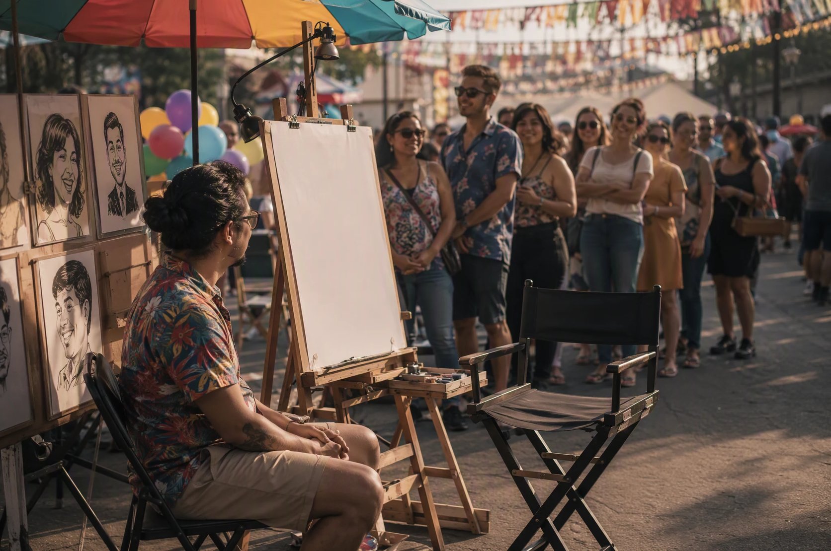 A long queue waiting at a busy caricature artist’s stand at a street fair