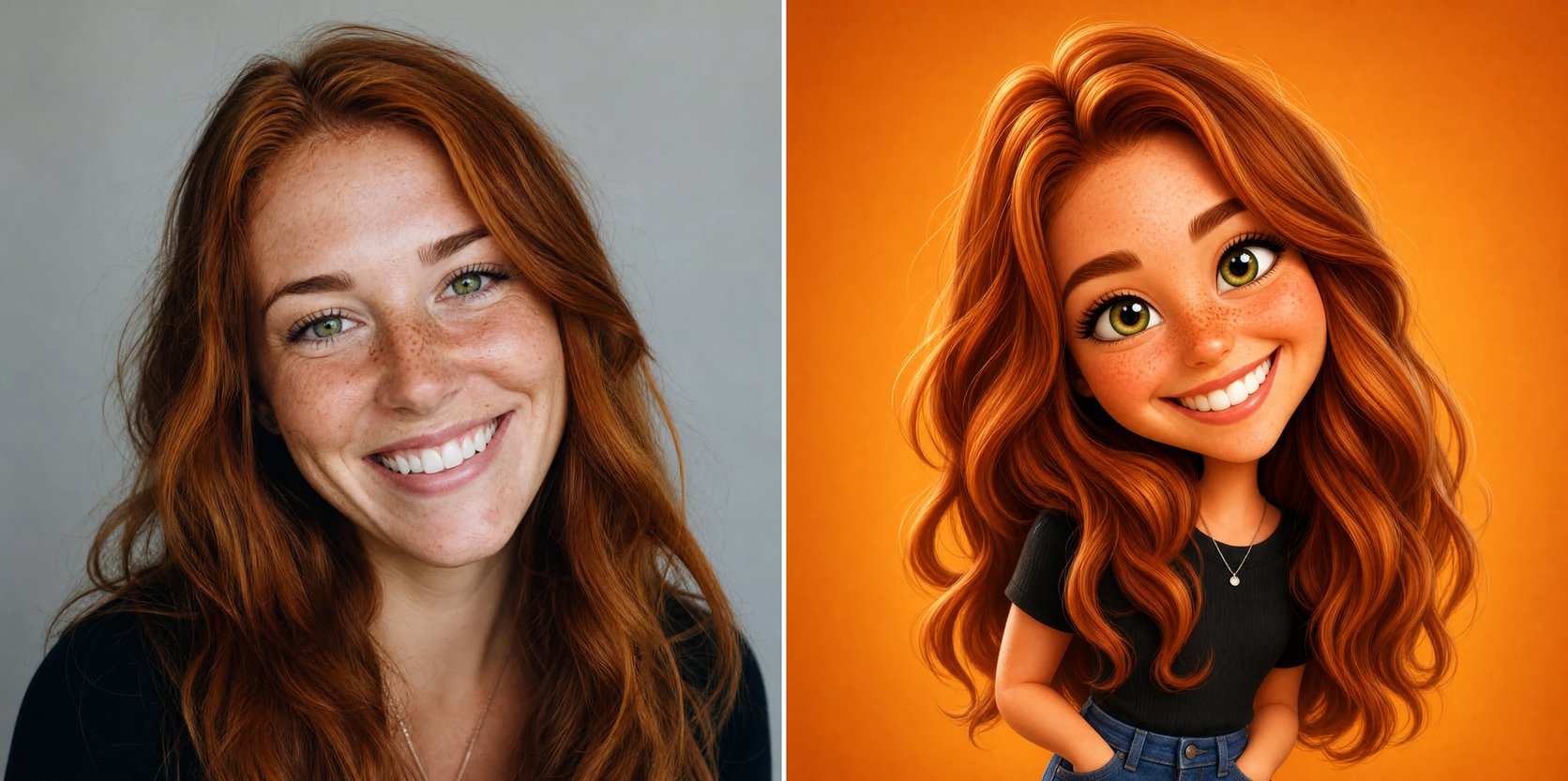 A photo shown beside its 3D caricature, the same recognizable face exaggerated