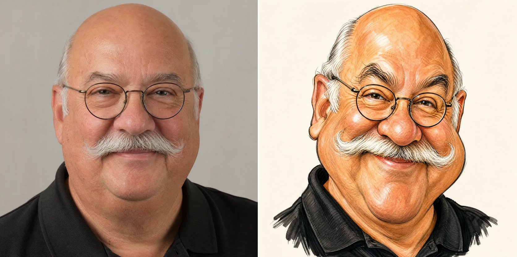 A hand-drawn caricature of a smiling older man beside his original photo
