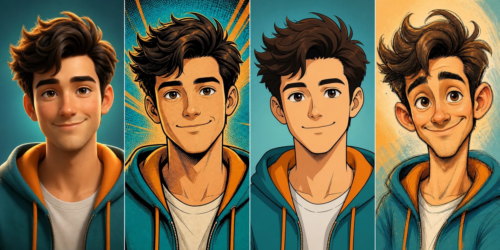 The same face turned into four cartoon styles — 3D animated, comic, anime, and caricature