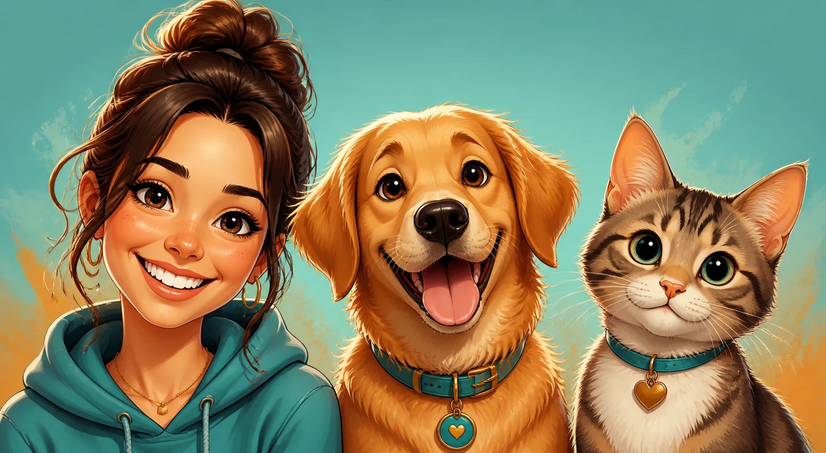 A person, a dog, and a cat each turned into fun AI cartoons