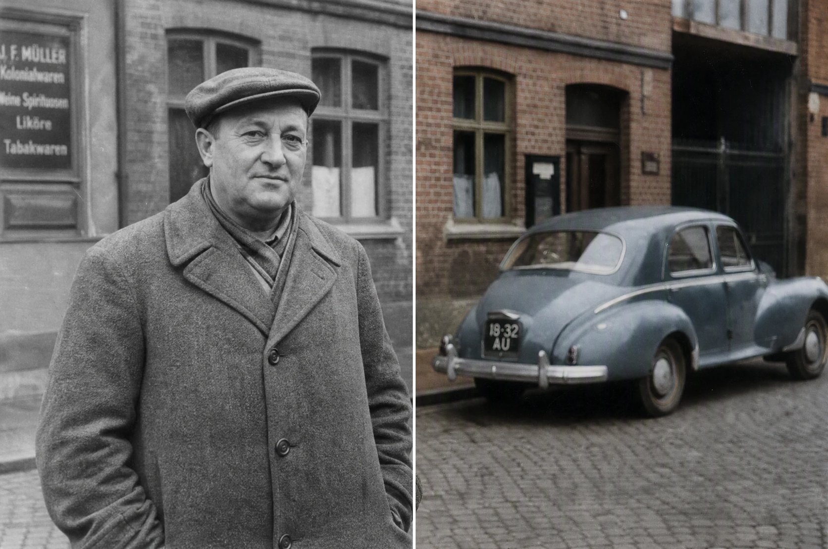 An old black and white street photo shown half in grayscale and half colorized, the same scene in natural color