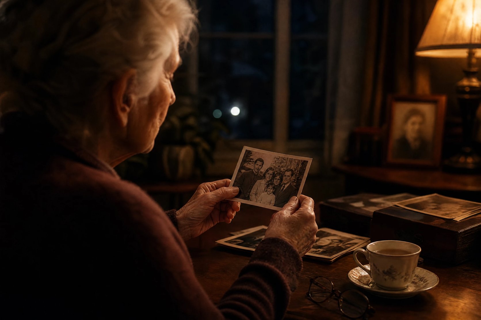 A person looking wistfully at a faded black and white family photograph in their hands