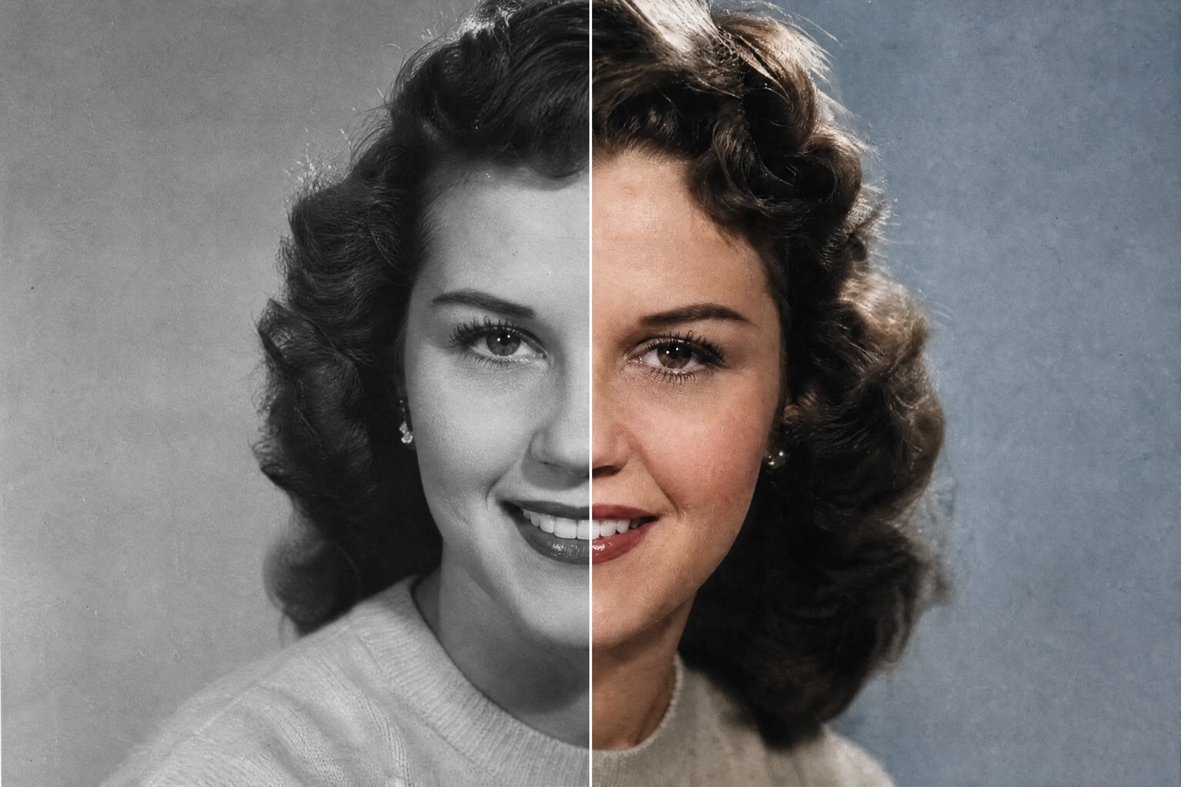A vintage portrait shown half in black and white and half colorized, the same face in both