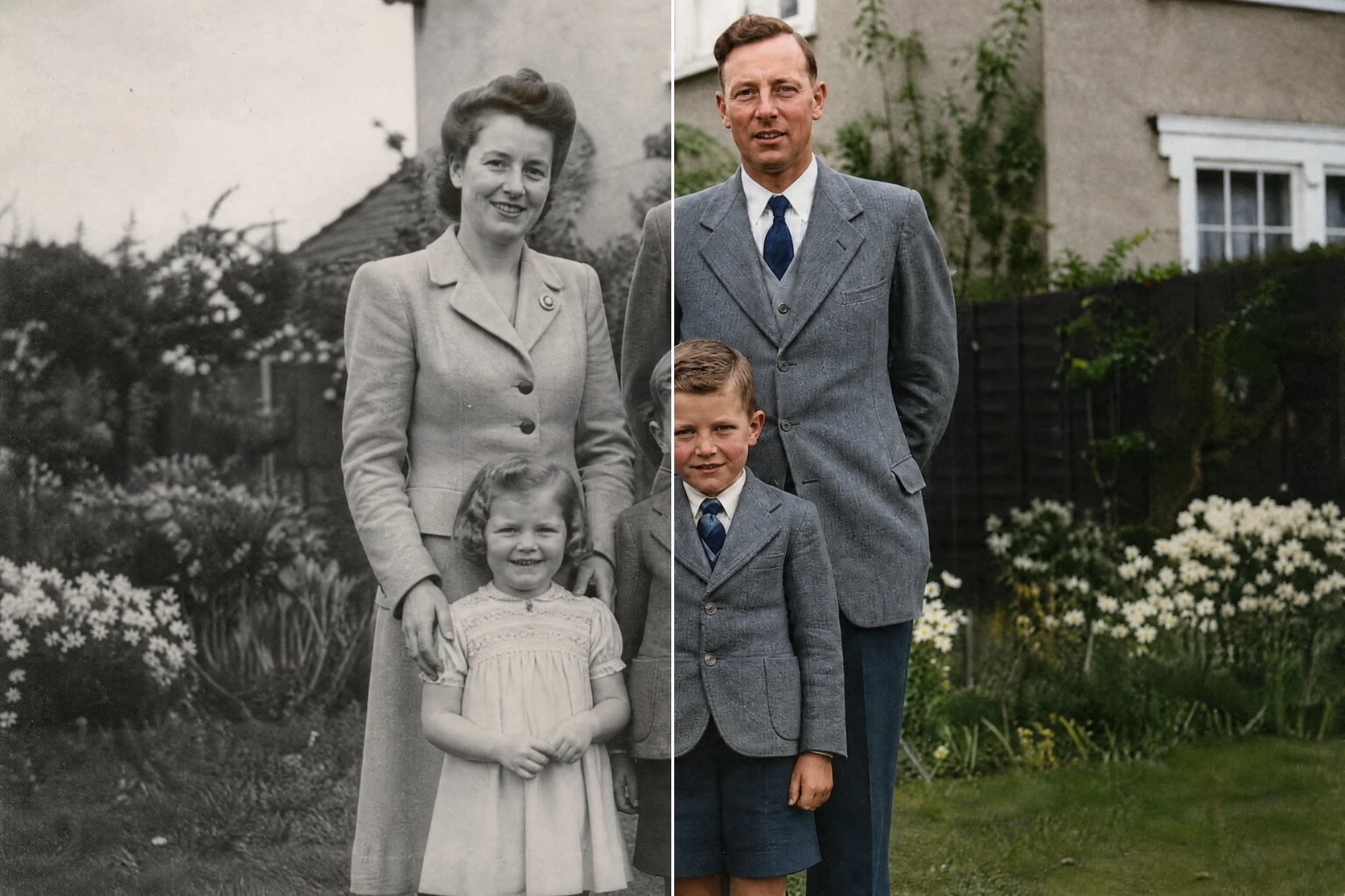 An old family group photo colorized, shown beside its black and white original