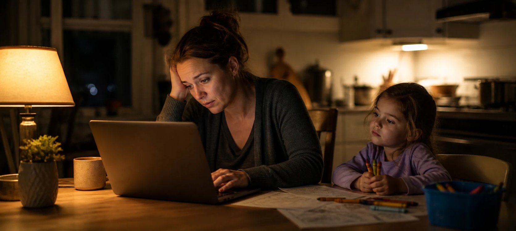 A parent searching for a coloring page on a laptop at night