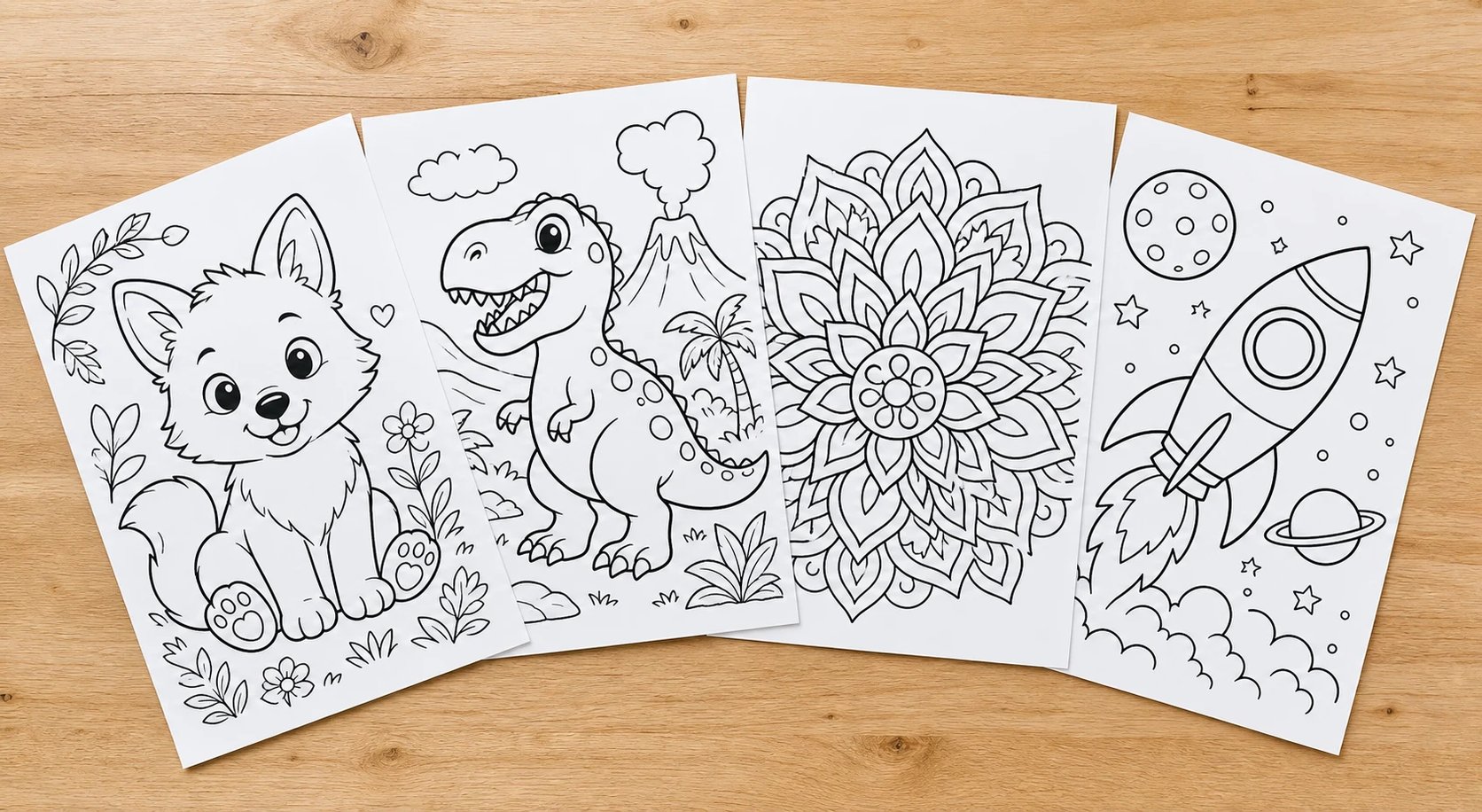 Several printed line-art coloring pages fanned out on a table