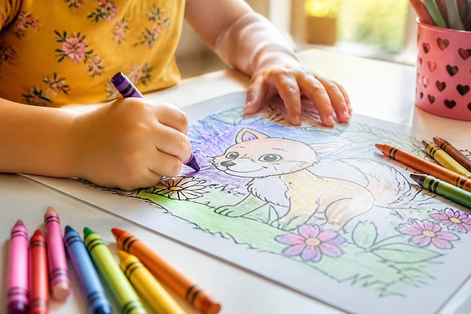 A child coloring a freshly printed coloring page with crayons