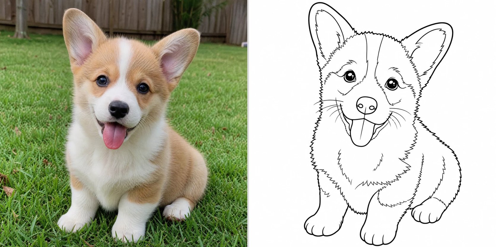 A photo of a corgi puppy beside its coloring page — the same puppy as clean black outlines to color