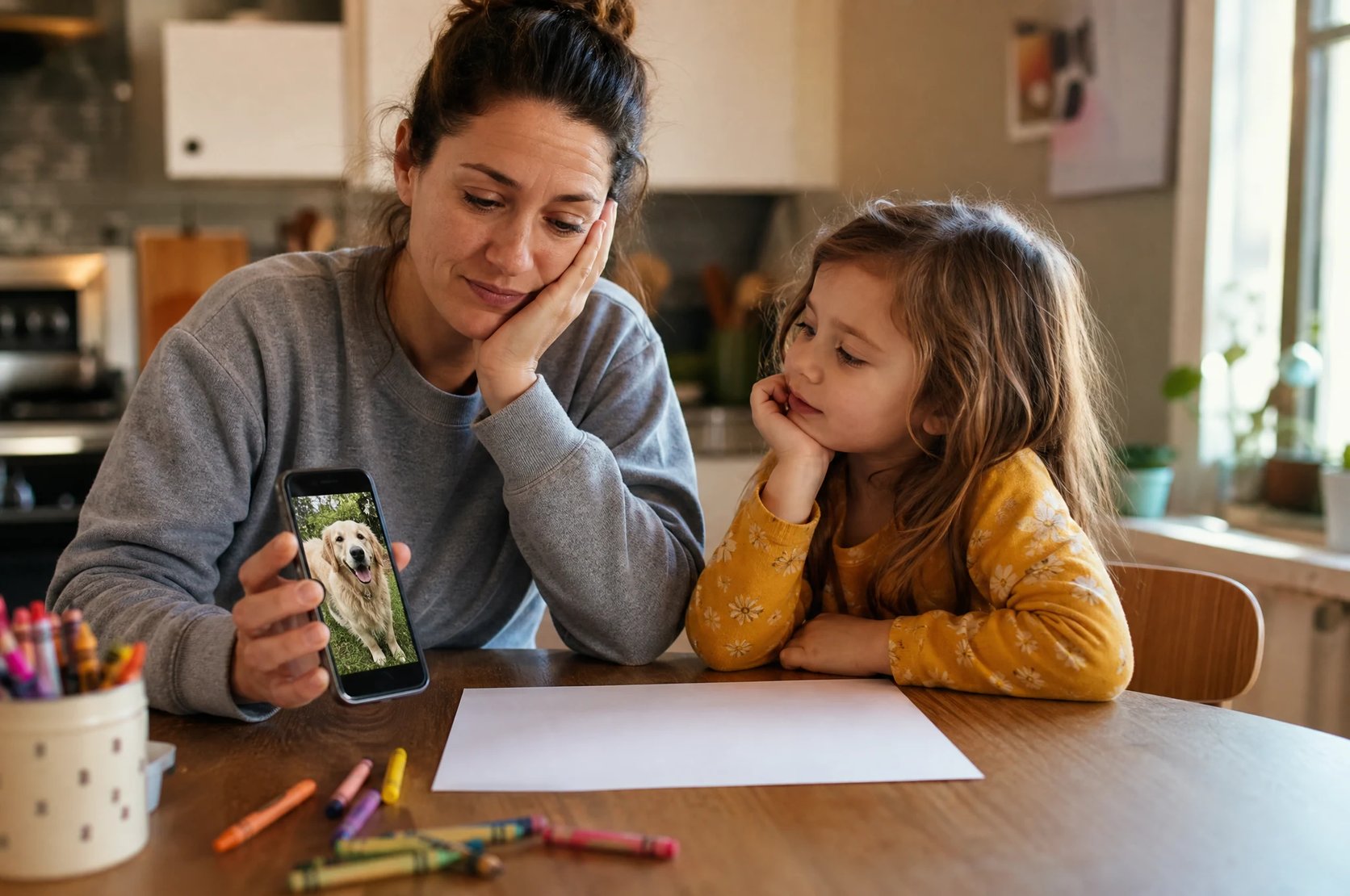 A parent and child at a table wishing they could turn a phone photo into a coloring page