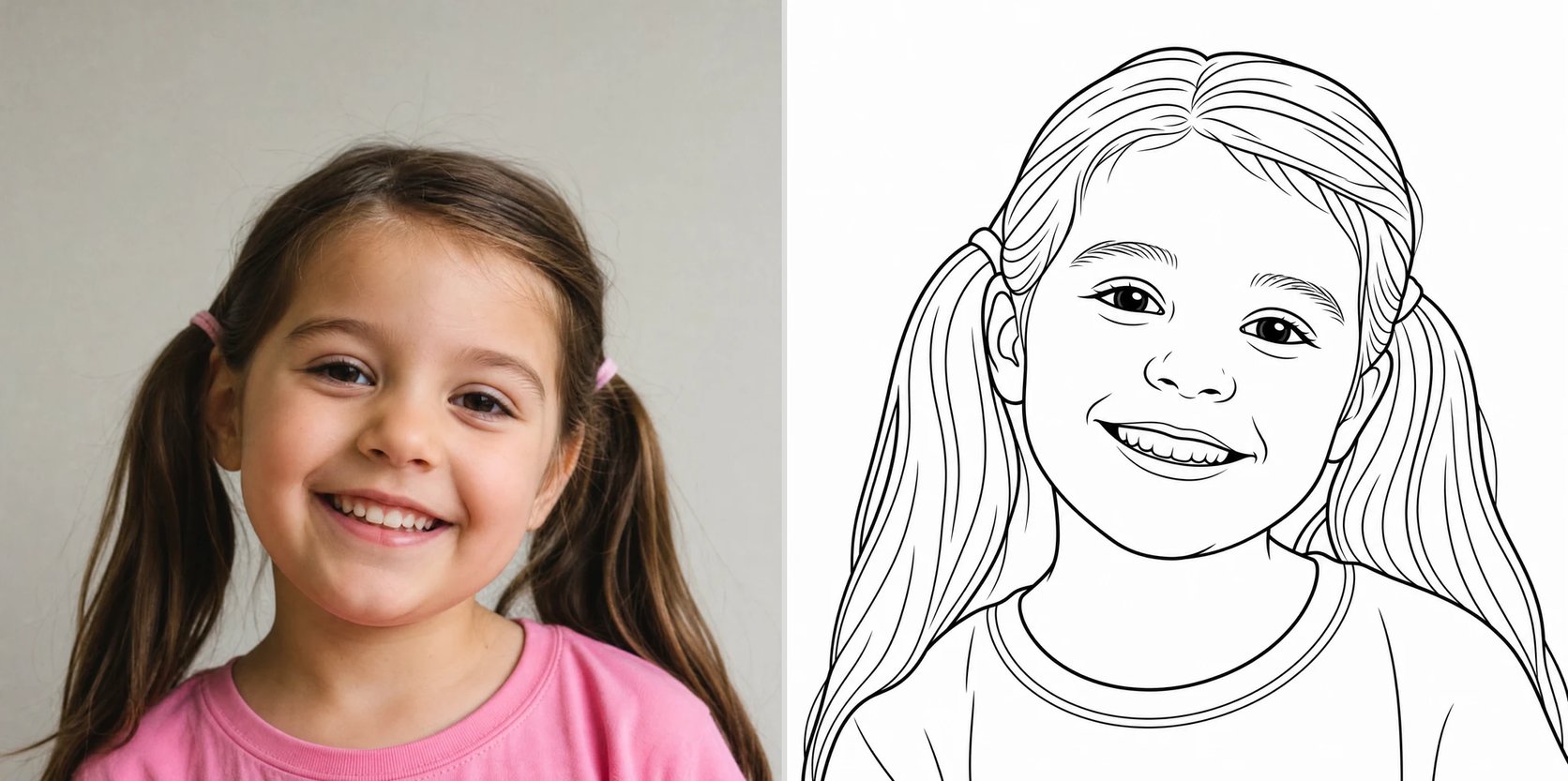 A child photo shown beside its coloring-page version, the same face as clean outlines