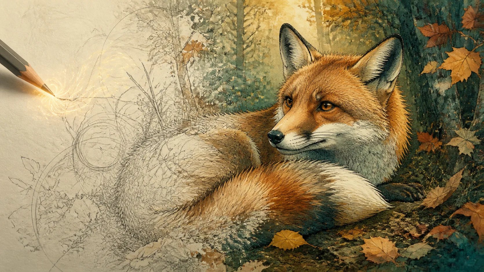 An AI-generated ink-and-watercolor drawing of a fox emerging from sketch lines
