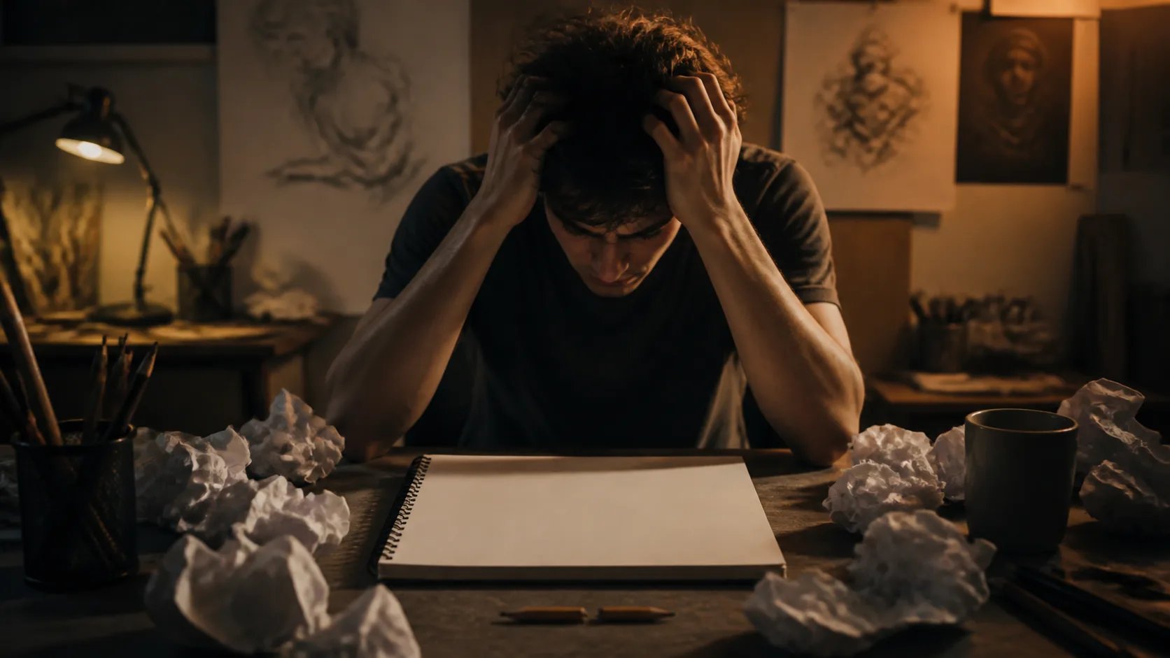 A person frustrated in front of a blank sketchbook and a broken pencil