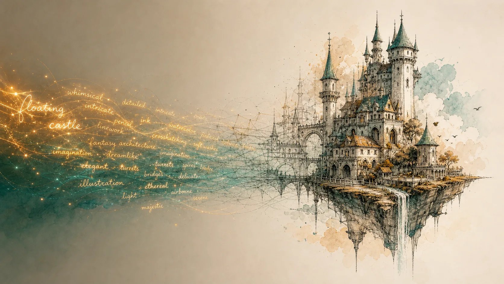 A text prompt becoming a finished hand-drawn-style illustration