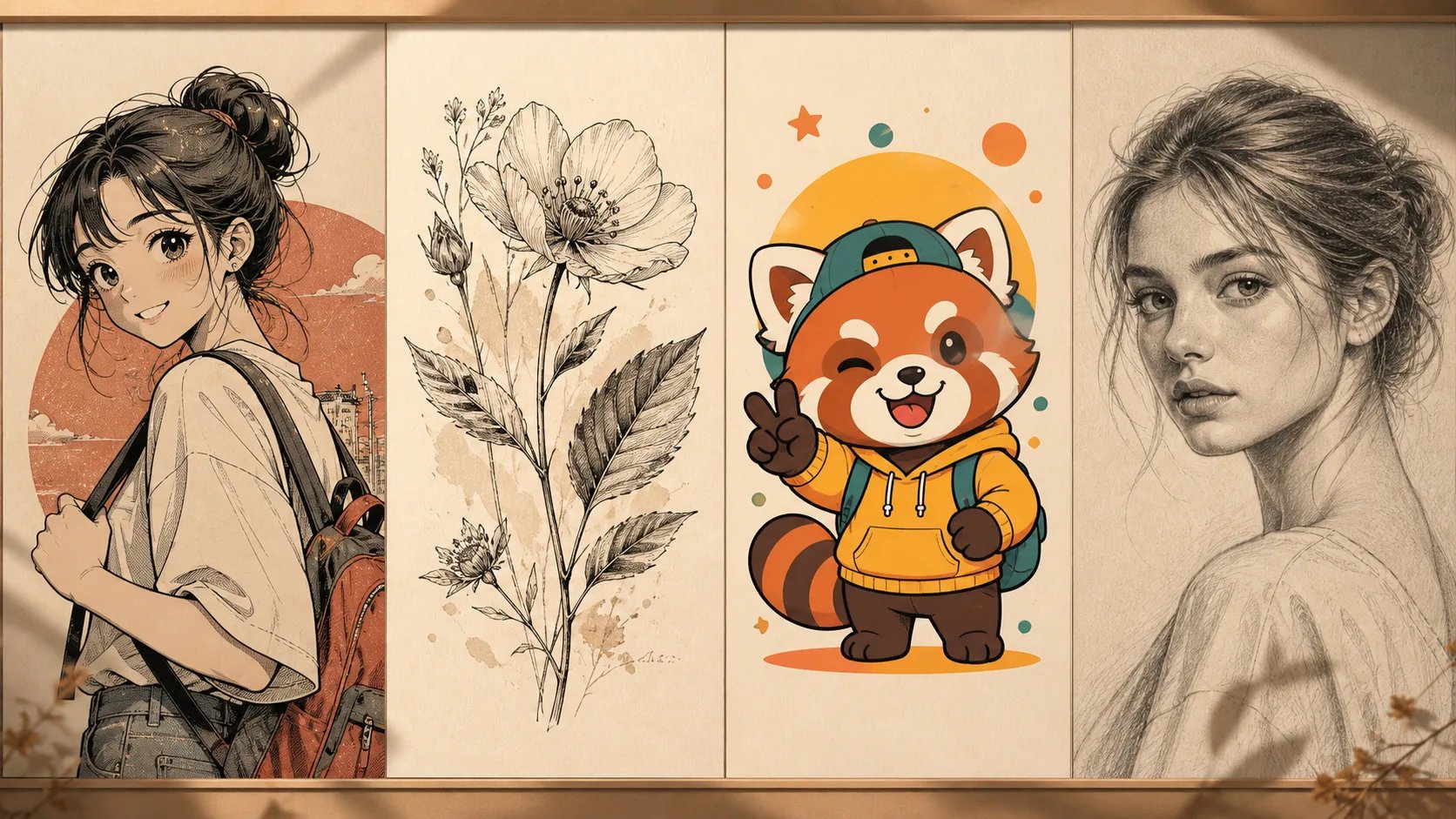 A showcase of AI drawings in manga, ink, cartoon, and pencil styles