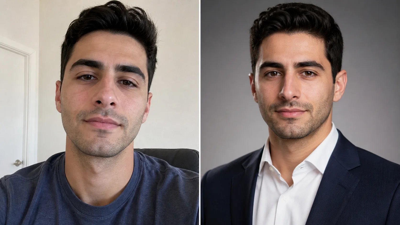 A casual selfie transformed into a professional studio headshot by AI