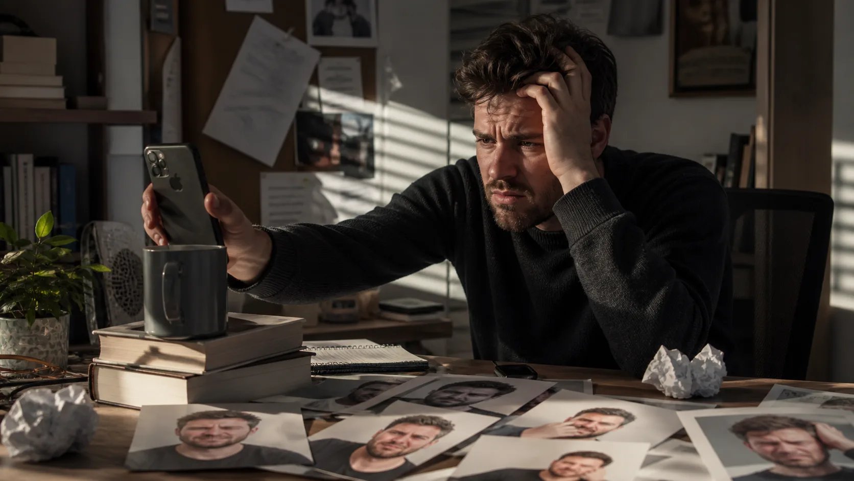 A person struggling to take their own headshot with a phone at home