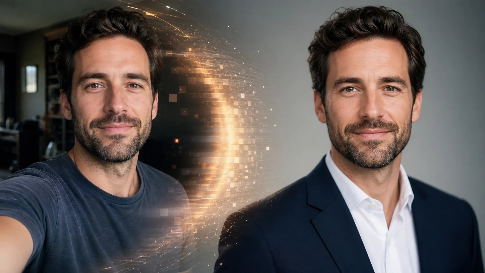 A selfie on the left becoming a professional headshot on the right
