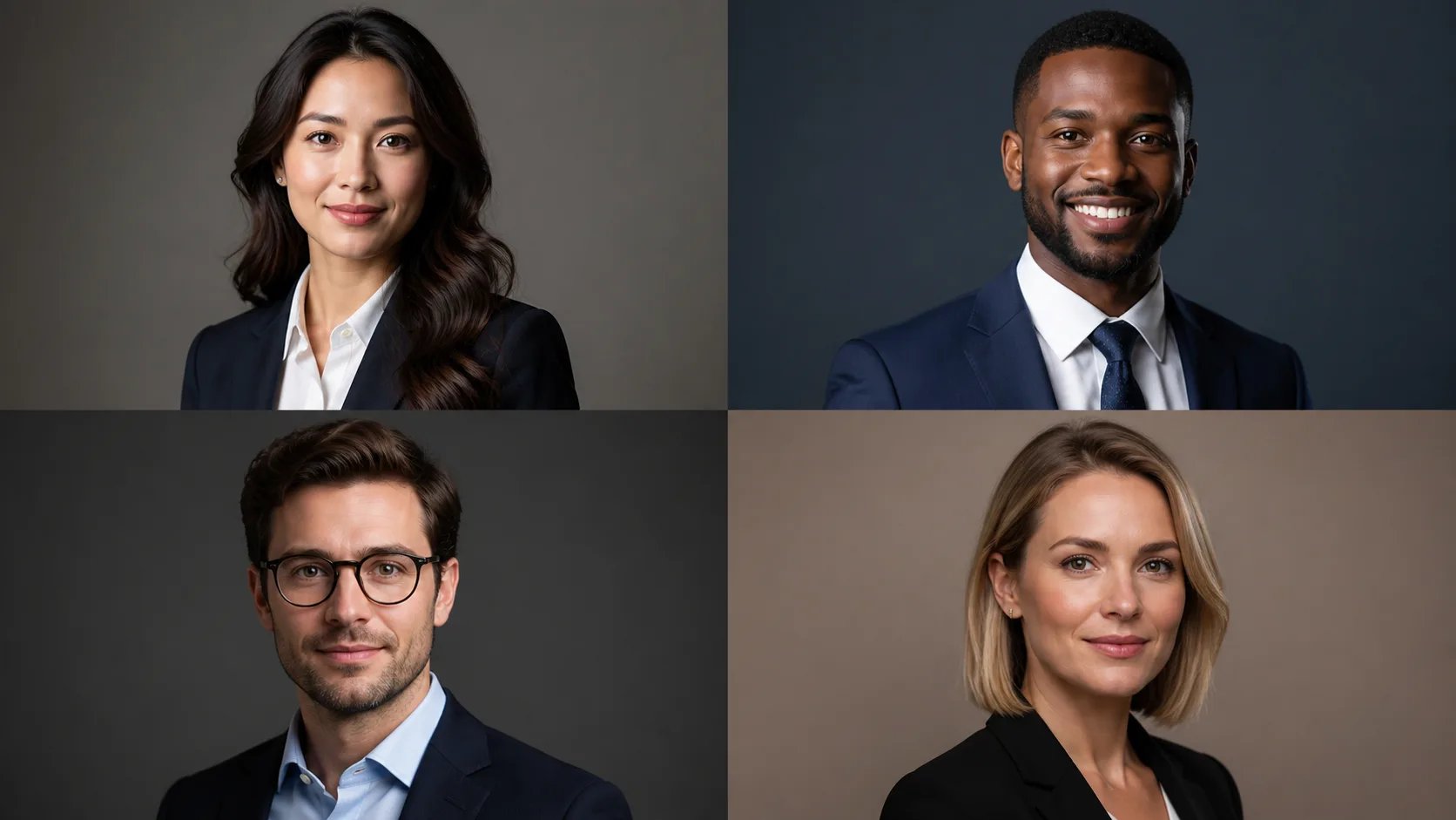 A set of diverse professional AI headshots with consistent studio lighting